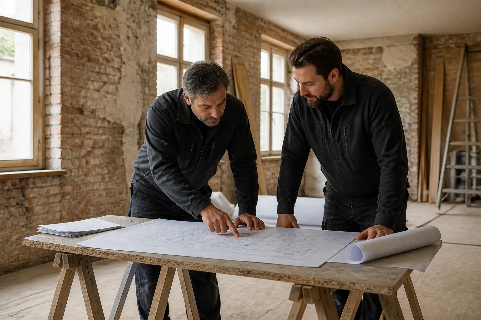 Deux professionnels GDP Rénovation étudient les plans d’un chantier